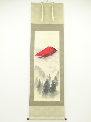 桃園筆　赤富士山水　肉筆絹本掛軸（共箱）